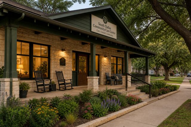 Concept rendering of a South Dallas garden center: a modest limestone building with a deep covered front porch, rocking chairs, and native flower beds along the sidewalk.