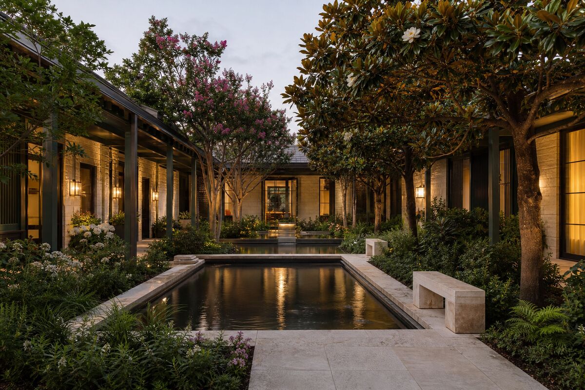 Concept rendering of the rear courtyard at The Gardens at RedBird: a still reflecting pool framed by magnolia and crepe myrtle trees, a stone colonnade, and warm light in the patient suite windows at dusk.
