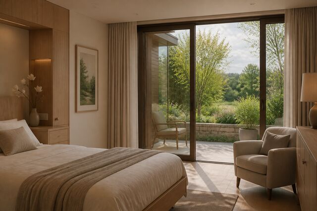 Concept rendering of a private care suite with warm oak millwork, linen bedding, a family armchair, and a glass door opening onto a private garden terrace.